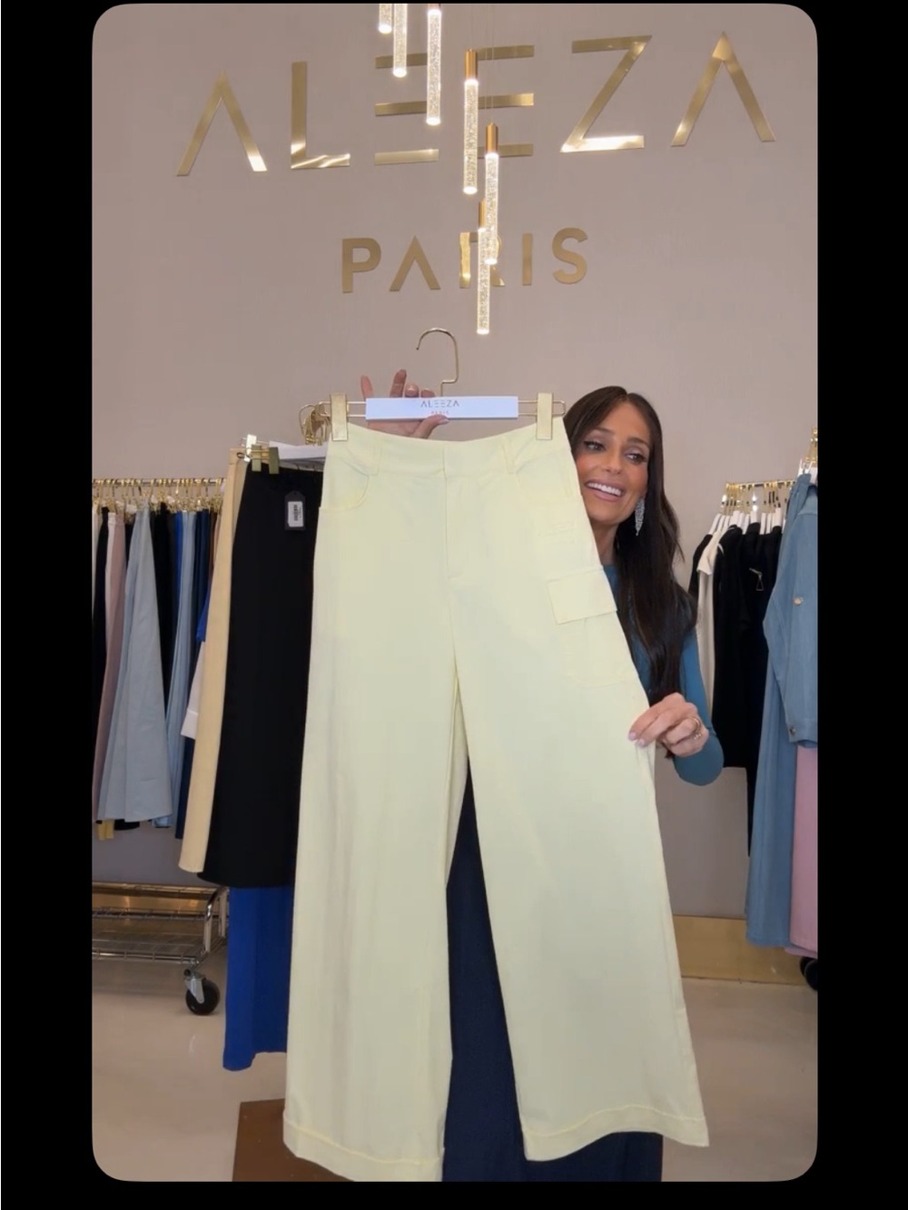 Aleeza Paris Women's Wide-Leg Utility Pants in Pale Yellow- stretch waistband.